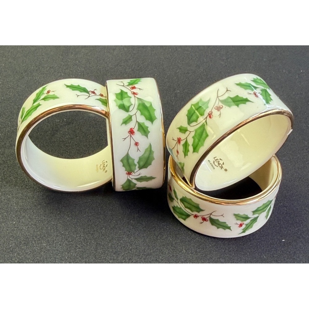 Lenox Holiday Napkin Rings Set of 4 Ivory Bone China Gold Trim Holly Vintage